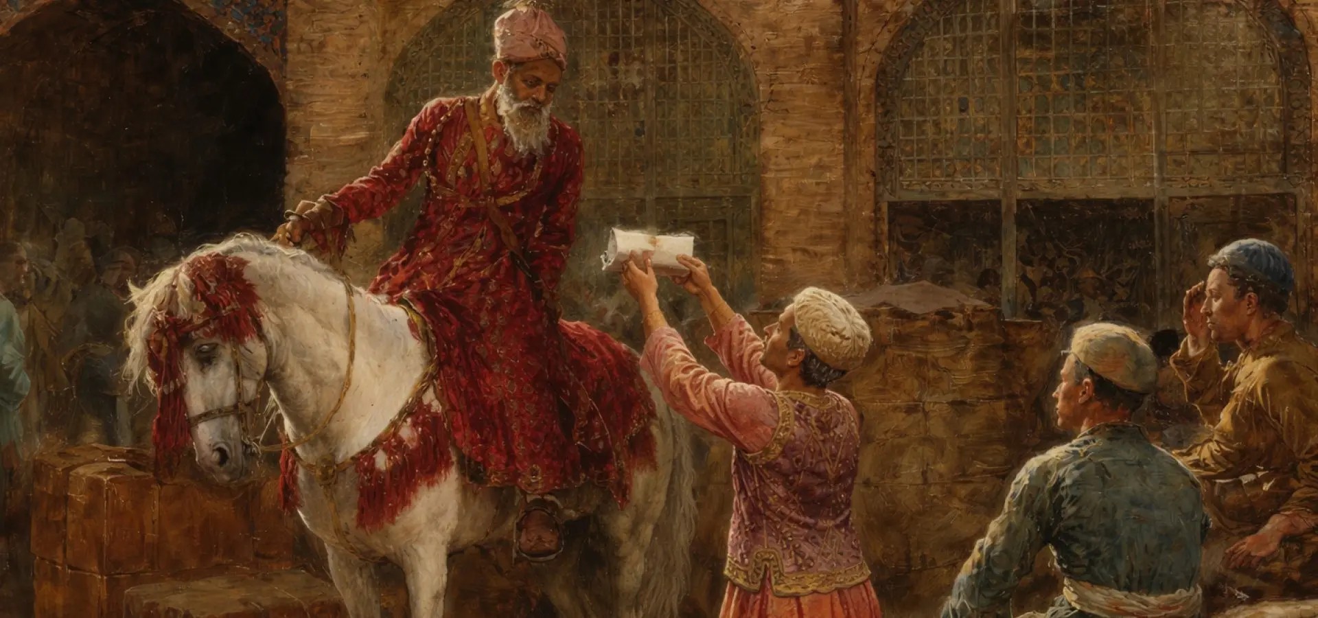 Pintura orientalista de un mercader de barba blanca y túnica granate, montado en un caballo blanco enjaezado de rojo frente a los arcos de azulejo de un bazar, mientras un hombre de rosa levanta las dos manos para entregarle un rollo de papel y los comerciantes sentados a un lado observan la escena