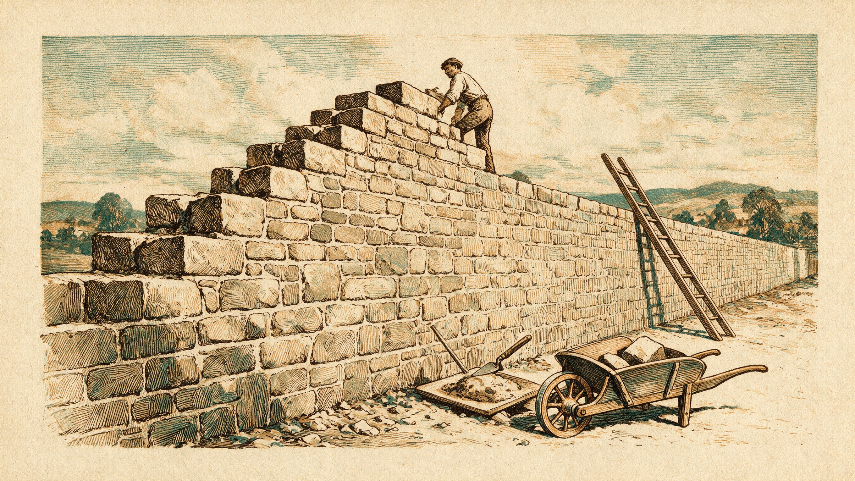Grabado editorial antiguo en sepia, ocre y azul verdoso sobre papel envejecido; un albañil en mangas de camisa asienta sillares en lo alto de un muro de piedra que asciende en escalones, y al pie del muro esperan una escalera de mano apoyada, una carretilla cargada de piedra y un tablero con mortero y su cuchara