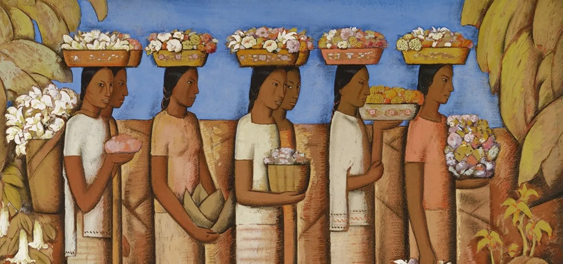 Pintura mexicana en ocres y tierras de una fila de mujeres de perfil, vestidas de blanco, que cargan sobre la cabeza canastas rebosantes de flores mientras sostienen en brazos las que ya no les caben, contra una franja de cielo azul y hojas de agave en los extremos
