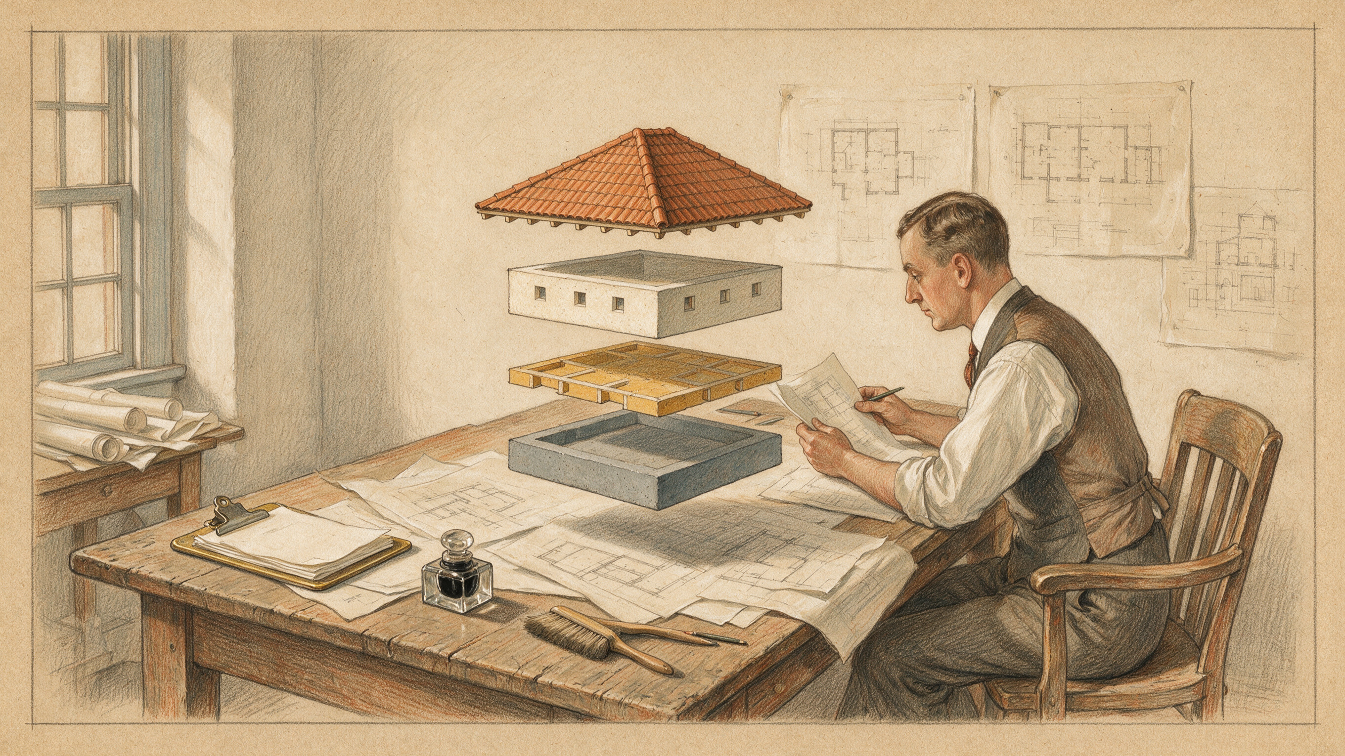 Ilustración a lápiz de color de un presupuestista en su mesa de dibujo: sobre el tablero flota un bloque de edificio despiezado en cuatro losas separadas