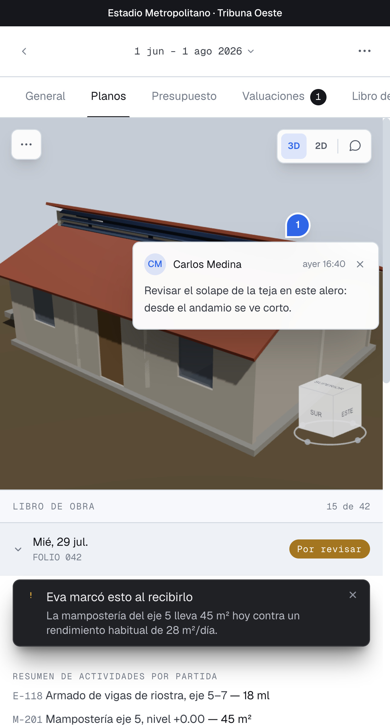 Paladio en el teléfono: el modelo 3D de la obra con un comentario del inspector clavado sobre el alero