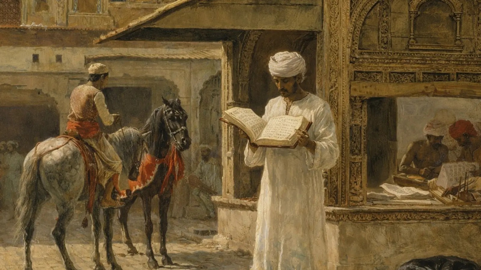 Óleo orientalista en ocres y crema; un hombre de pie en la calle lee un libro abierto de páginas manuscritas frente a un taller de escribas, mientras dos caballos esperan a su lado