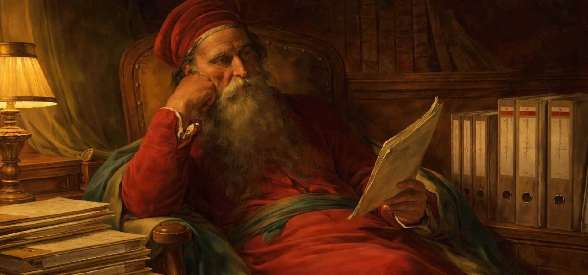Óleo de un hombre mayor de barba larga y túnica roja, recostado en su sillón a la luz de una lámpara, leyendo con calma un documento junto a una fila de archivadores de anillas