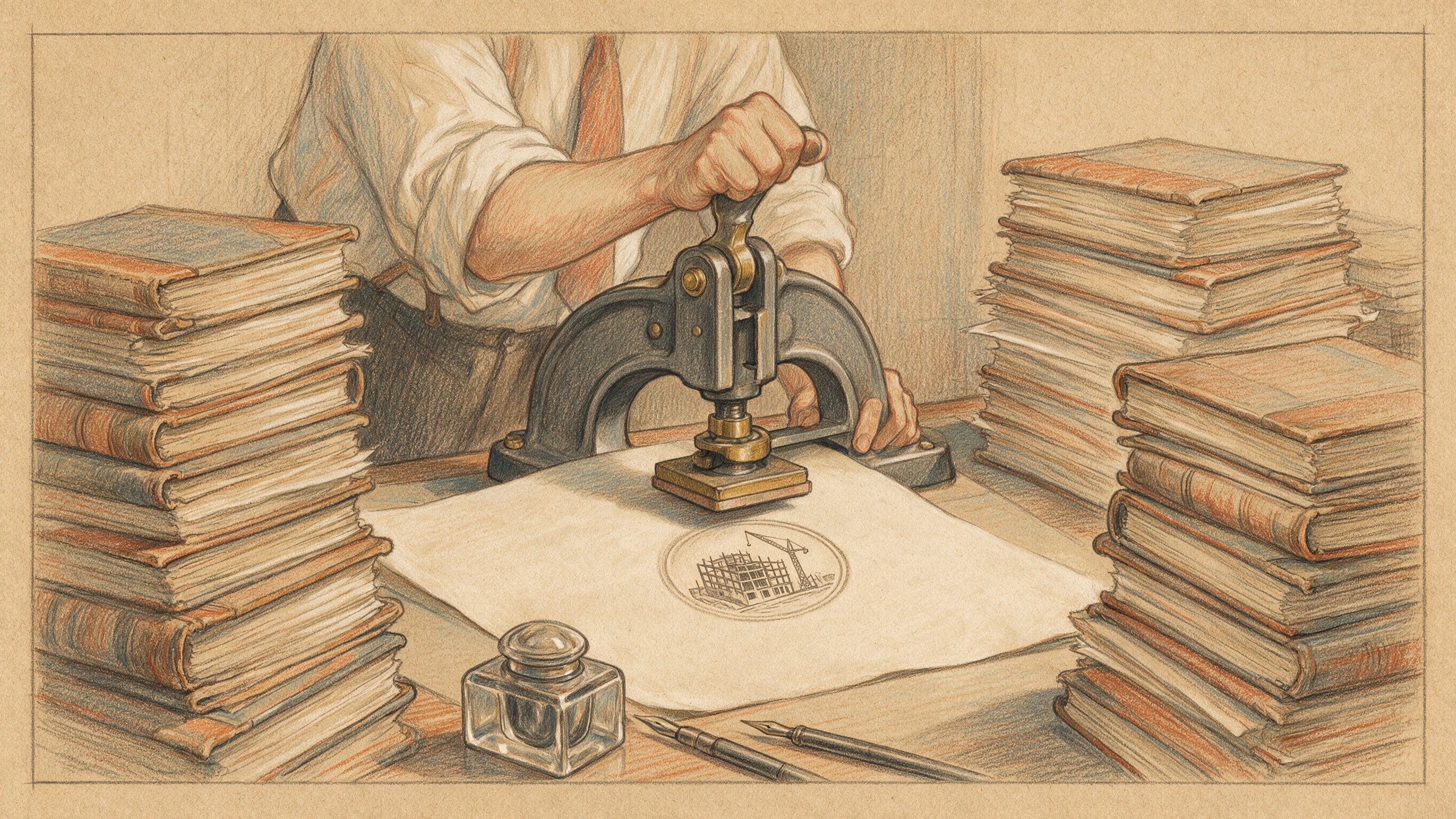 Ilustración vintage a lápiz de color sobre papel tostado de una oficina notarial; un oficinista en mangas de camisa acciona una gran prensa de sello sobre un pliego, y la impresión que deja el sello es la silueta de un edificio en construcción con su grúa, entre pilas de libros contables, un tintero y plumas