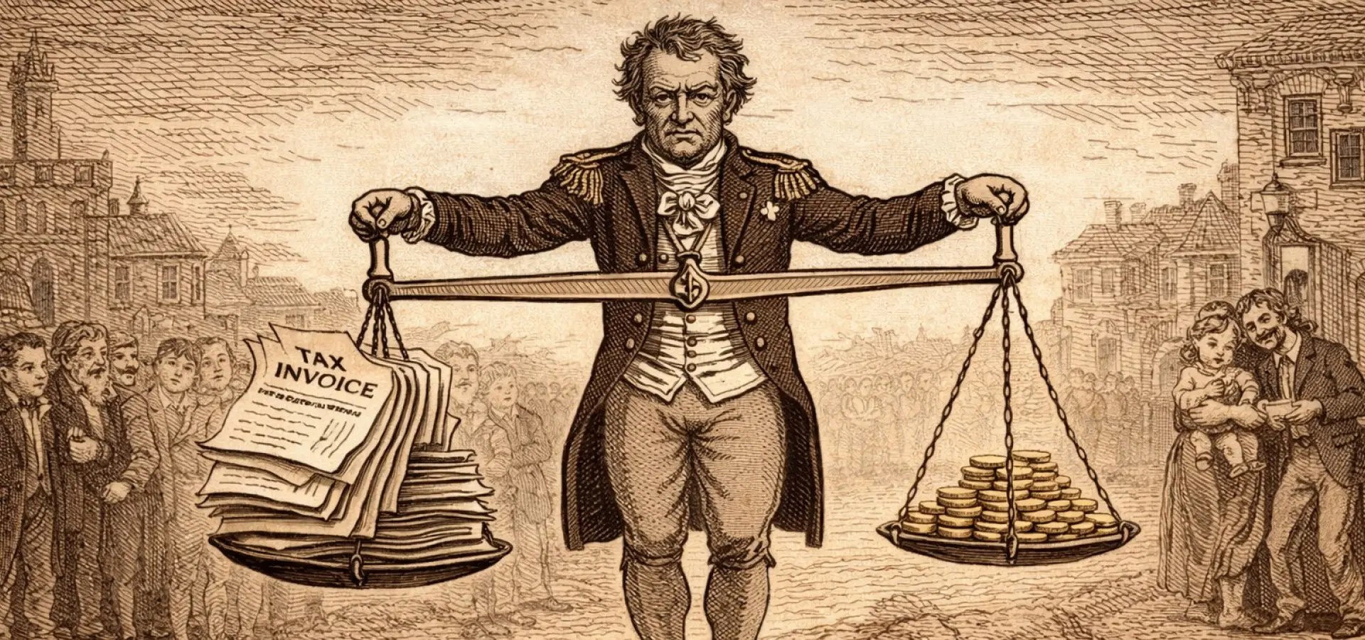 Grabado en sepia de un hombre de levita y charreteras que sostiene con los brazos abiertos una balanza de dos platos, con un fajo de facturas en uno y una pila de monedas de oro en el otro, ante una plaza de pueblo con gente mirando desde ambos lados