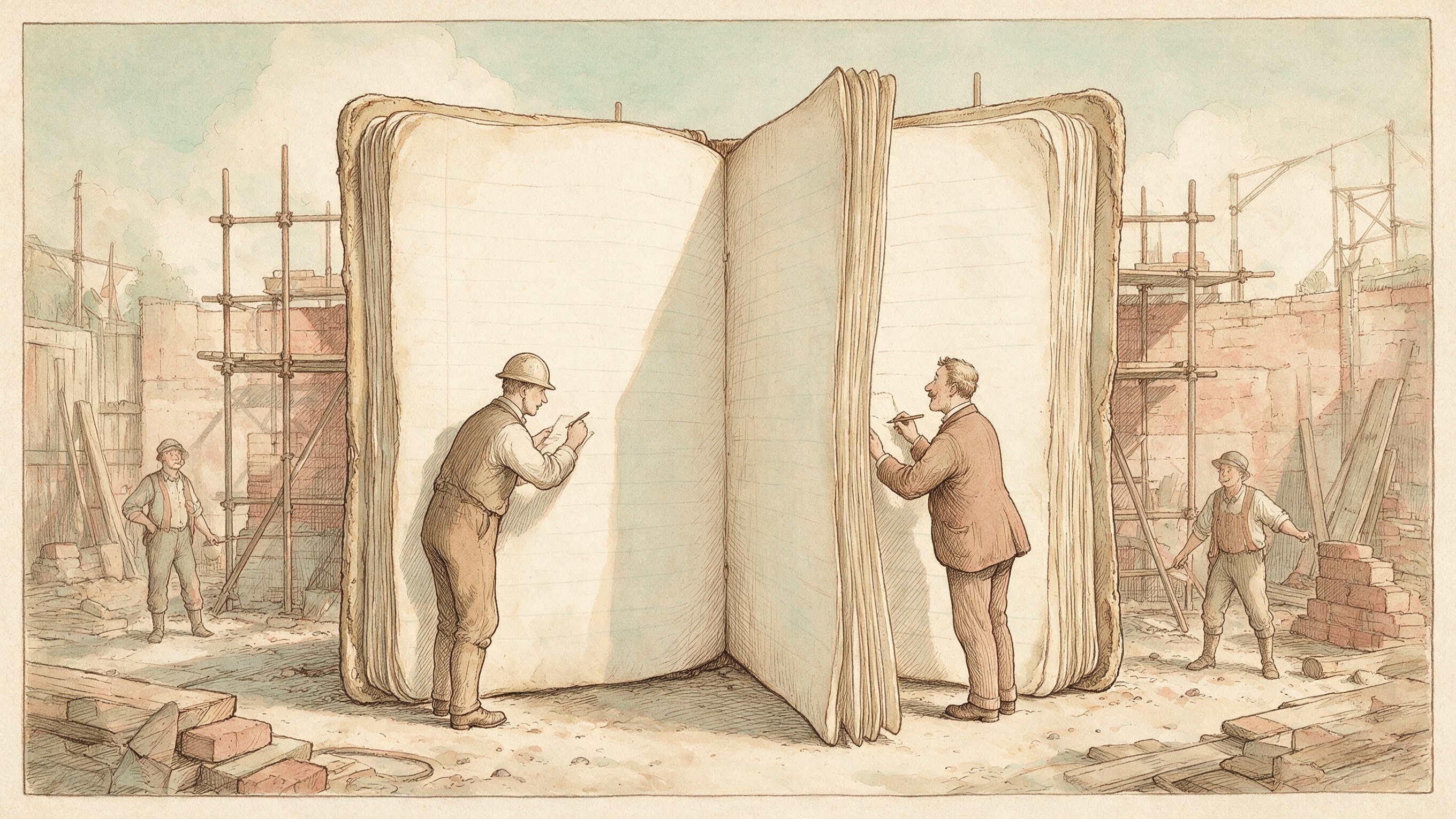Ilustración eduardiana a tinta y aguada de un cuaderno de obra colosal abierto en medio de un patio de construcción, de pie como un biombo; a la izquierda un residente con casco escribe en su página y a la derecha, en espejo, un supervisor escribe en la suya, sin verse entre sí, con andamios y un muro a medio levantar detrás