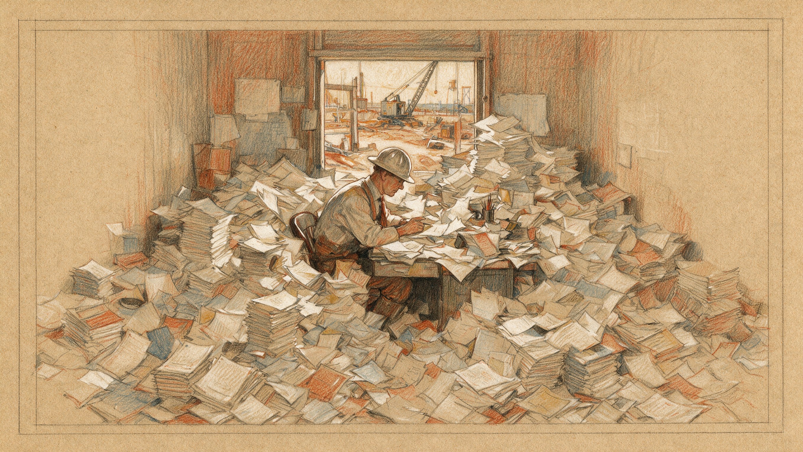 Ilustración a lápiz de color sobre papel ocre de un residente con casco sentado en el escritorio de una caseta de obra, casi sepultado bajo una avalancha de papeles que se desborda al suelo; por la ventana del fondo se ve la obra en plena luz, con grúa y trabajadores, sin nadie que la supervise