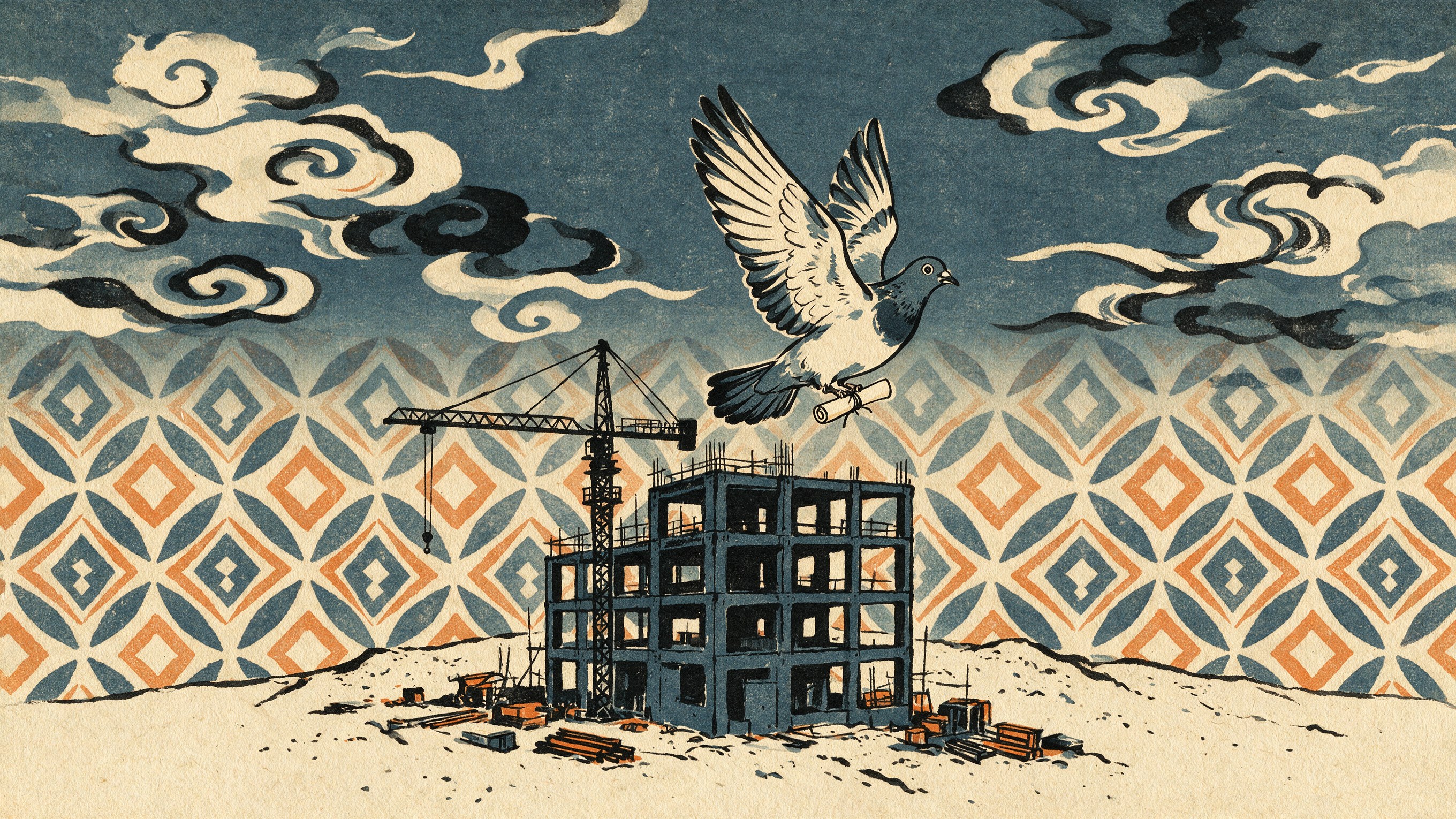Estampa japonesa de una obra remota en una meseta al atardecer, con una estructura de concreto a medio levantar y una grúa; desde lo alto sale volando una paloma mensajera con un papel enrollado atado a la pata, sobre un cielo de nubes decorativas