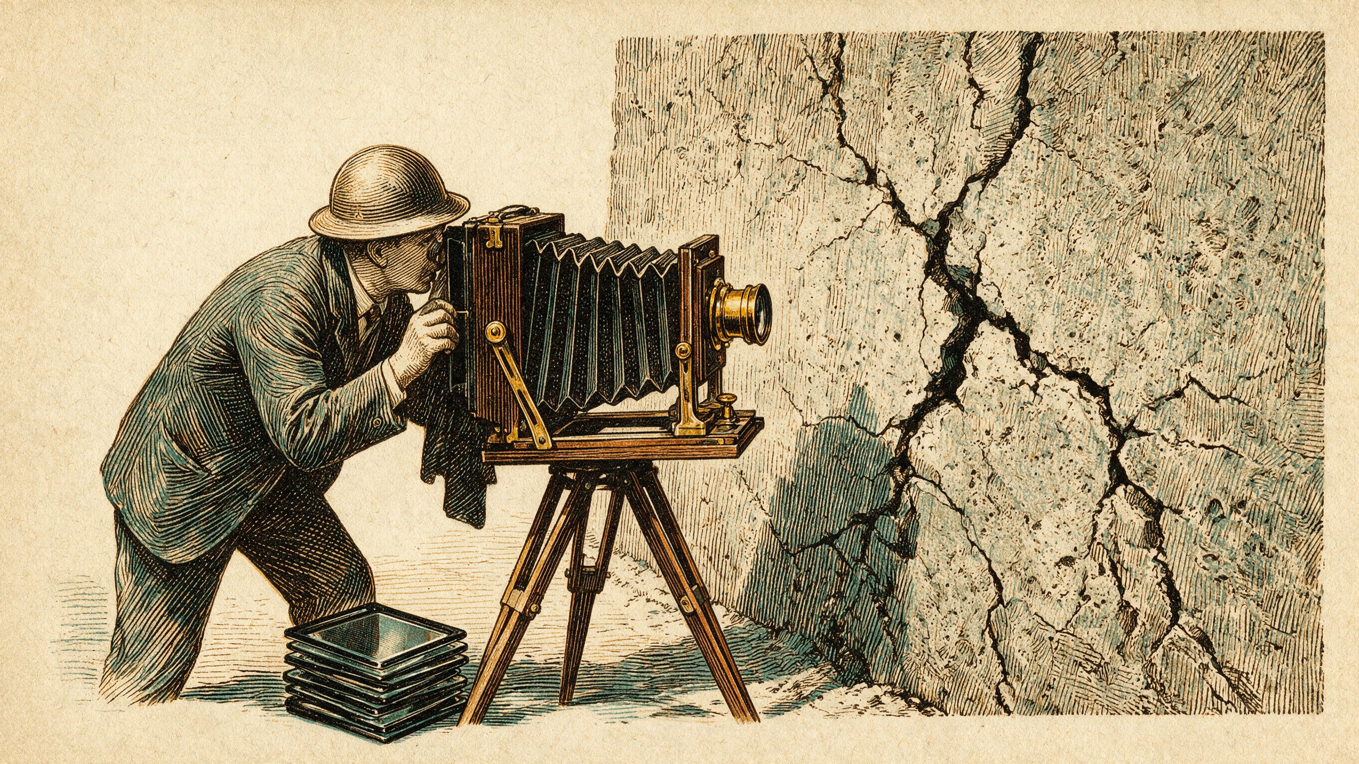 Grabado editorial antiguo a plumilla de un fotógrafo con casco que documenta con una cámara de fuelle sobre trípode una grieta que recorre un muro de concreto; a sus pies, una pila ordenada de placas de vidrio