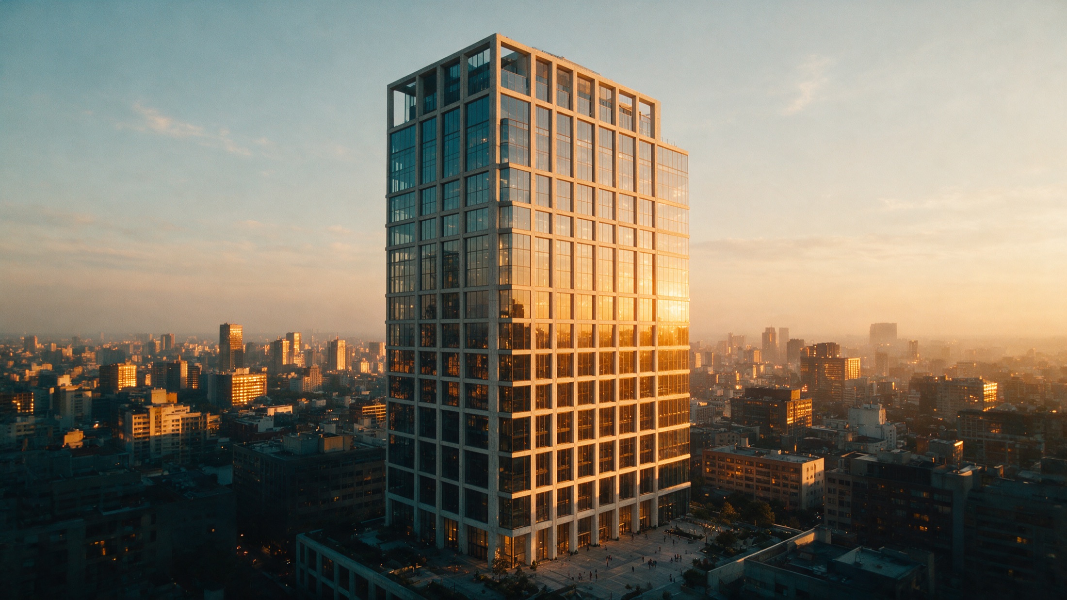 Torre de oficinas de vidrio y concreto sobre la ciudad al atardecer