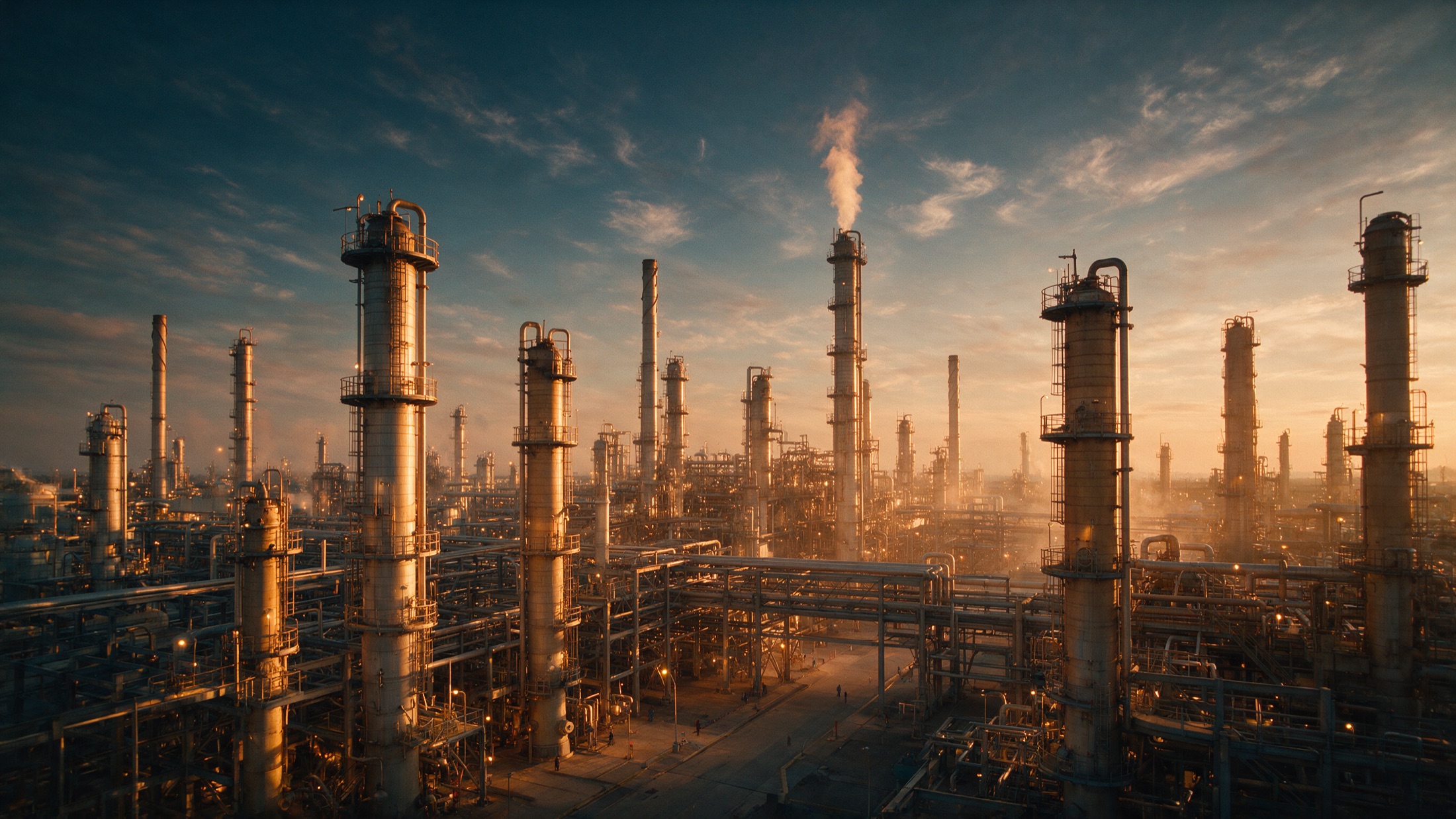 Planta de proceso de gas y petróleo con torres de destilación y antorcha encendida