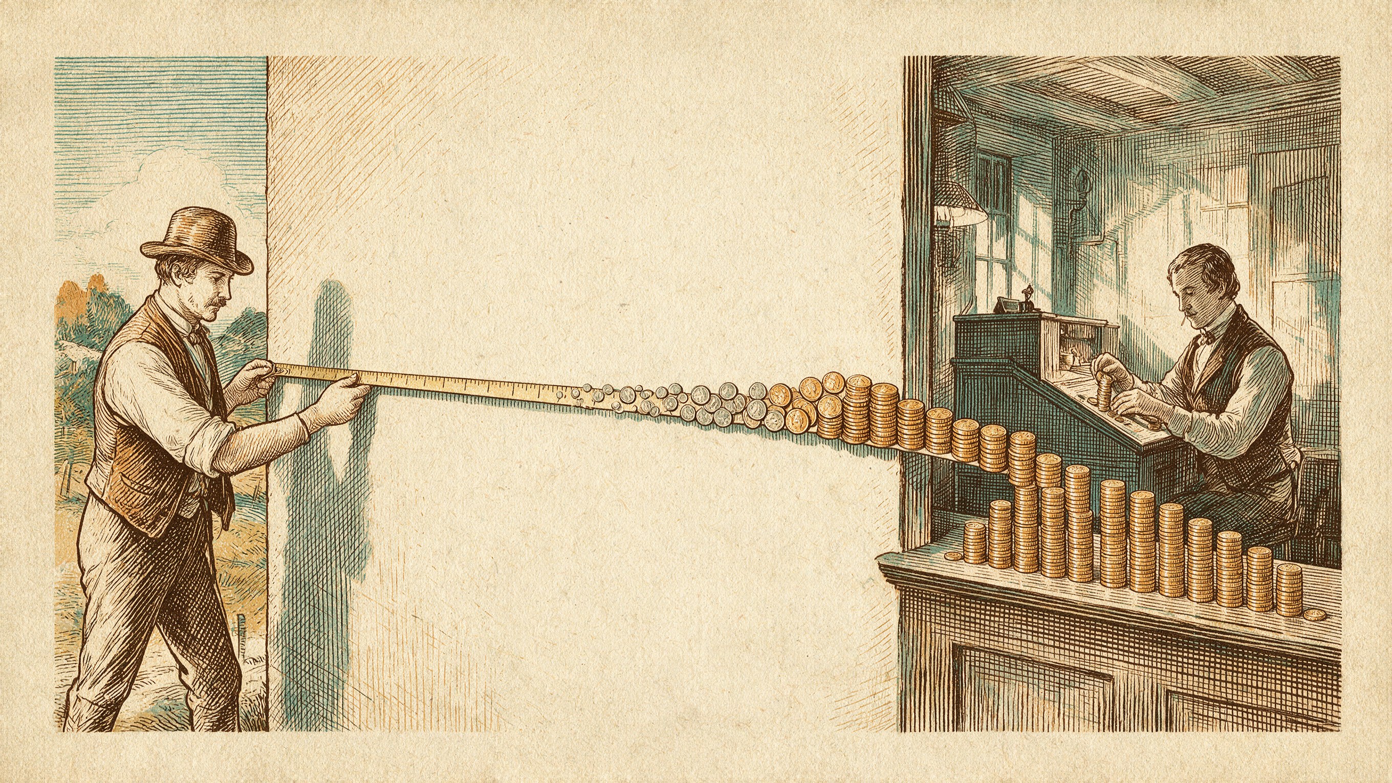 Grabado antiguo en el que un topógrafo mide una pared con una cinta métrica que cruza la lámina y, al llegar a la oficina del otro extremo, se convierte en columnas de monedas que un contador apila sobre el mostrador