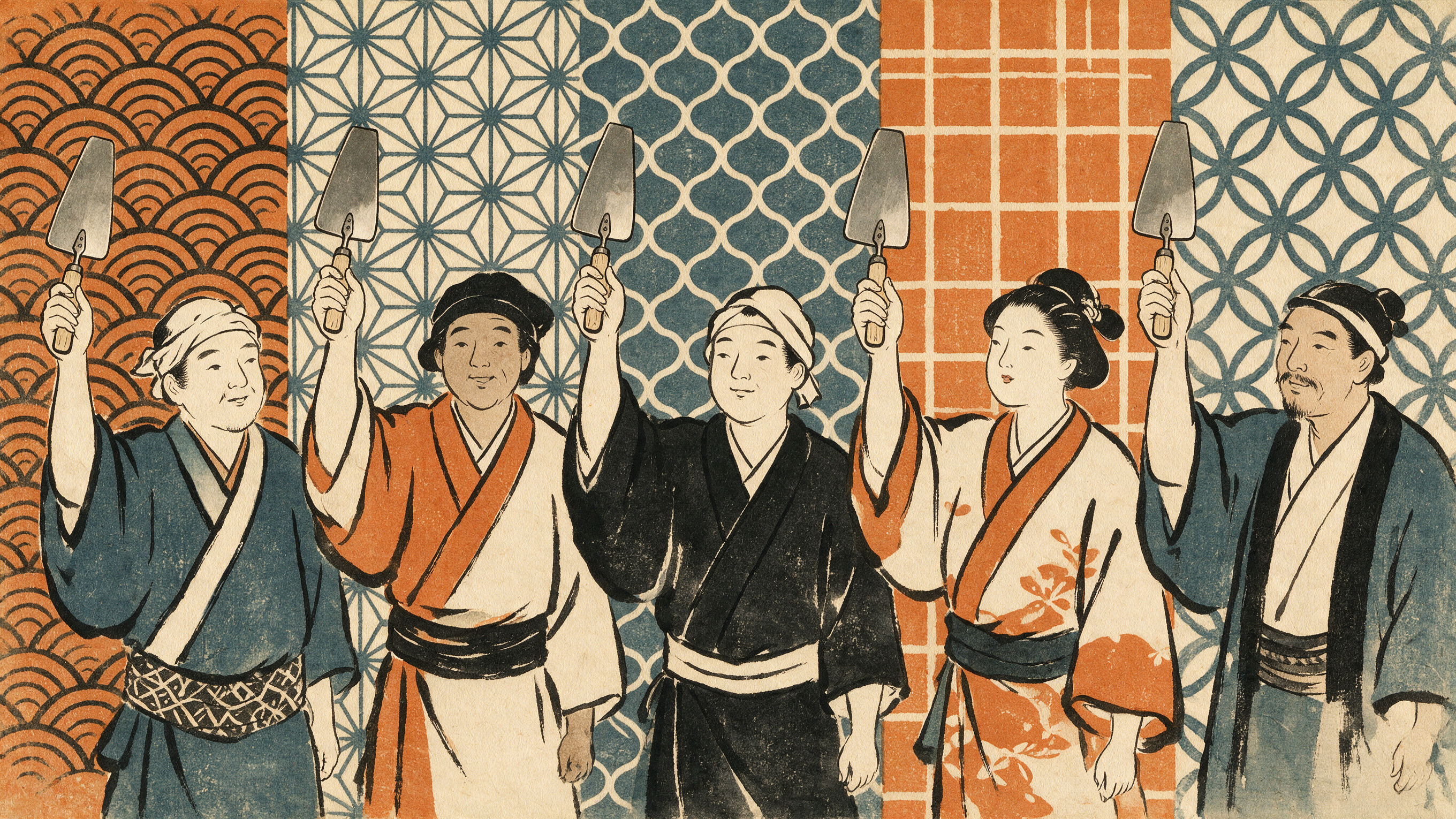 Estampa japonesa de cinco figuras con el traje de cinco regiones distintas, cada una sobre un fondo de color y patrón propio, sosteniendo en alto la misma cuchara de albañil