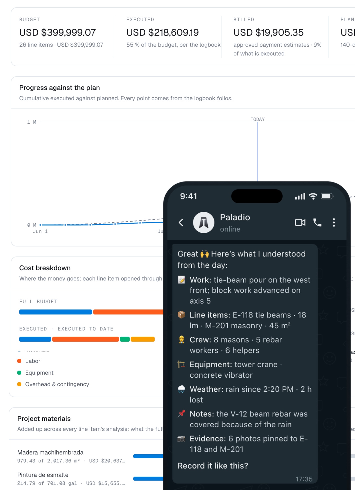 Paladio open on the desktop for a semi-detached housing project: budget, executed and compliance across the top, the S-curve of progress against plan, and the cost breakdown by line item; beside it, the phone with the summary Paladio sent back over WhatsApp for the site engineer to confirm