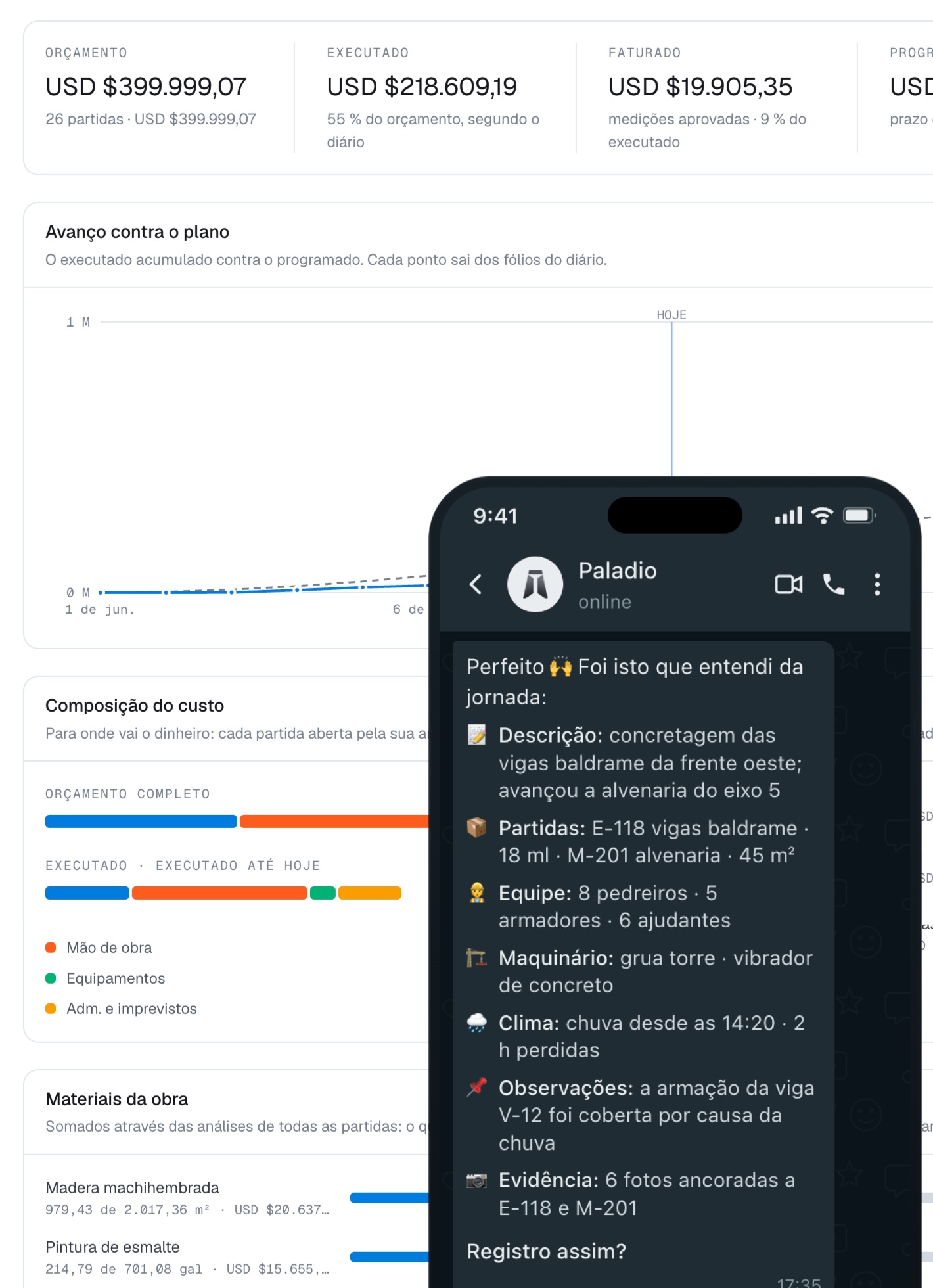 A Paladio aberta no computador para uma obra de habitação geminada: orçamento, executado e cumprimento no topo, a curva S do avanço contra o plano e a composição do custo por serviço; ao lado, o telefone com o resumo que a Paladio devolveu pelo WhatsApp para o residente confirmar