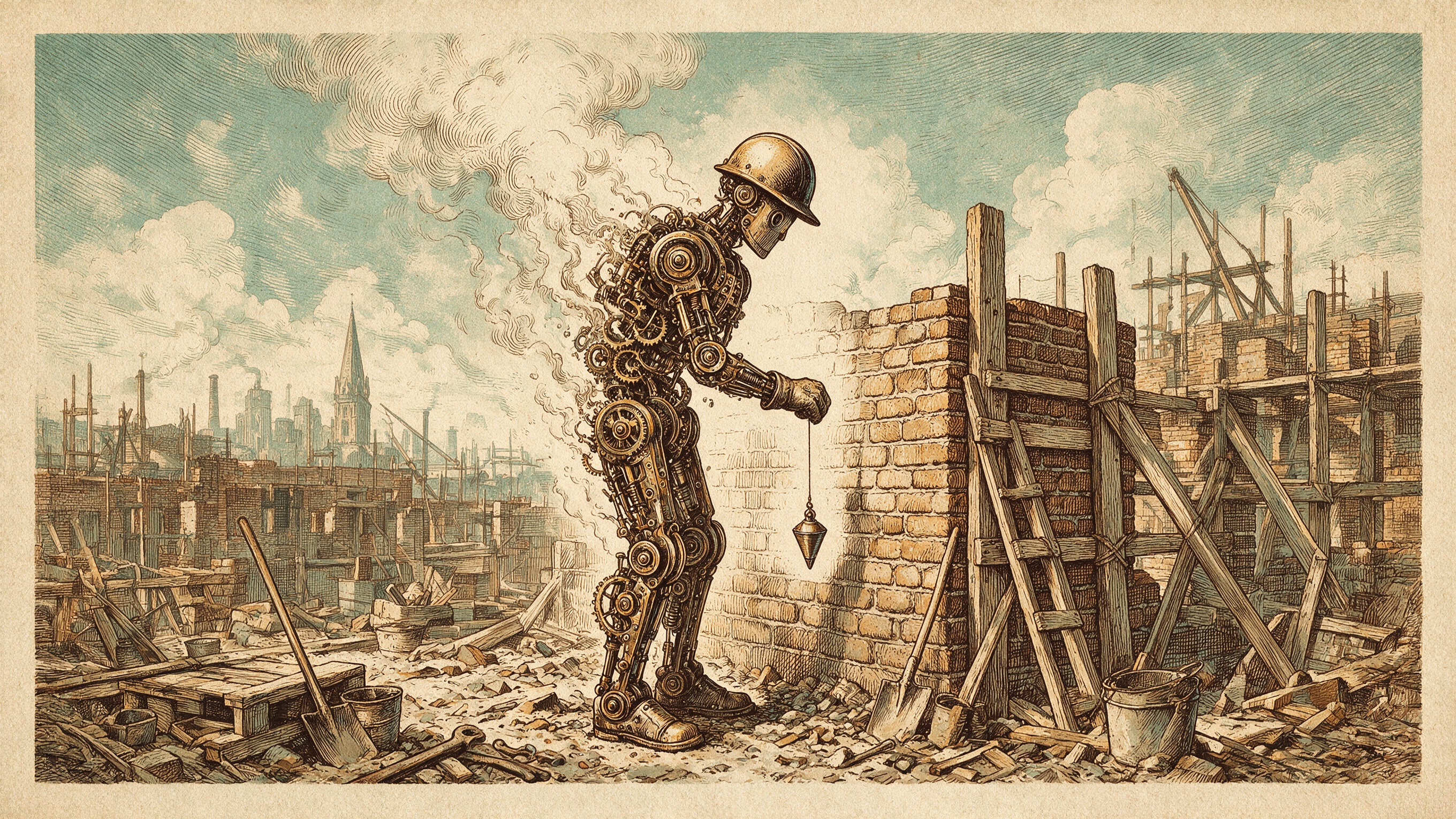 Grabado editorial vintage de un autómata mecánico con casco de obra sosteniendo una plomada contra un muro con precisión perfecta; su mitad inferior está dibujada sólida y detallada en relojería de latón, y su mitad superior se disuelve gradualmente en trazos sueltos y humo que se desvanece en el cielo