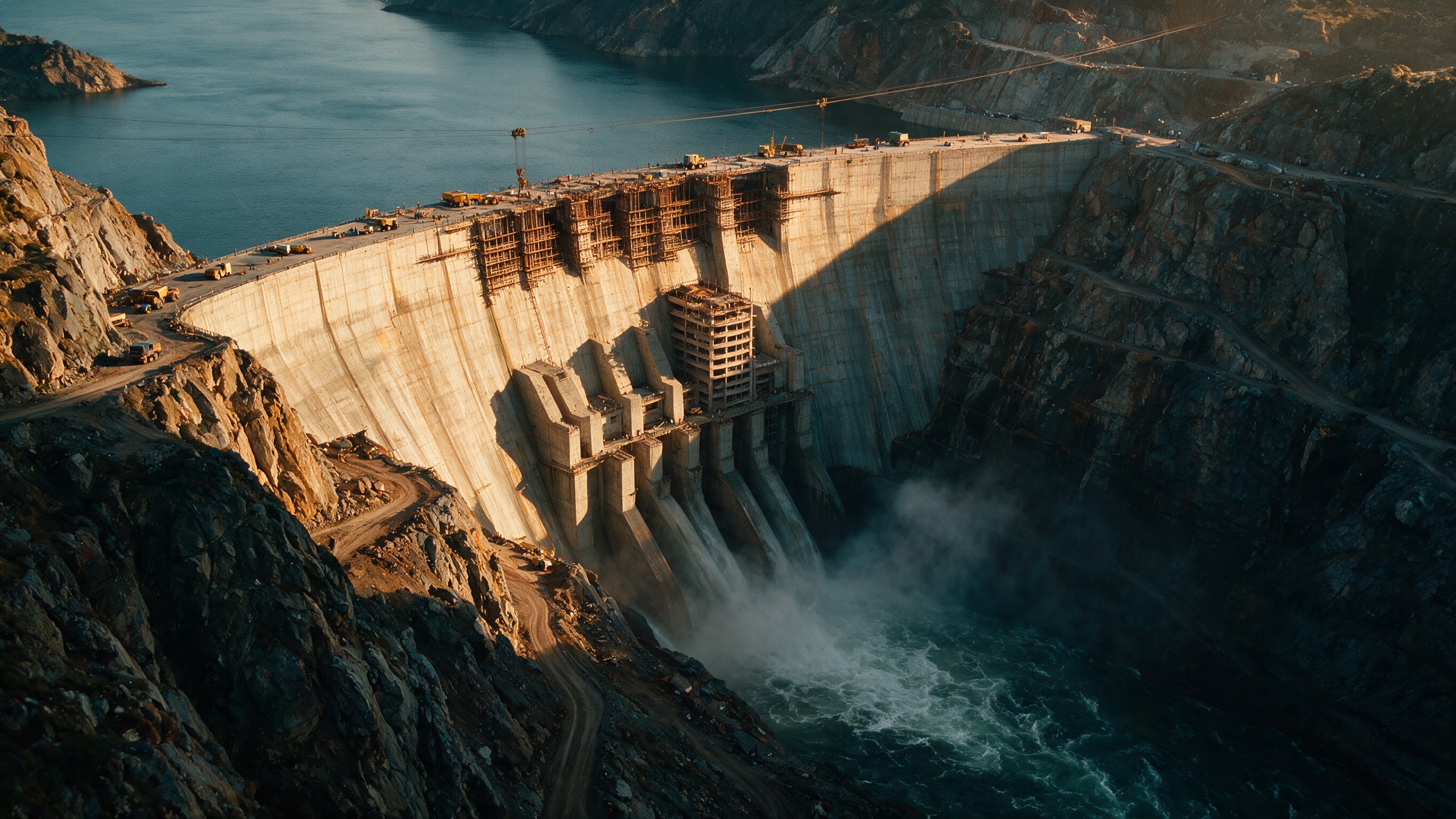 Represa hidroeléctrica en construcción al atardecer