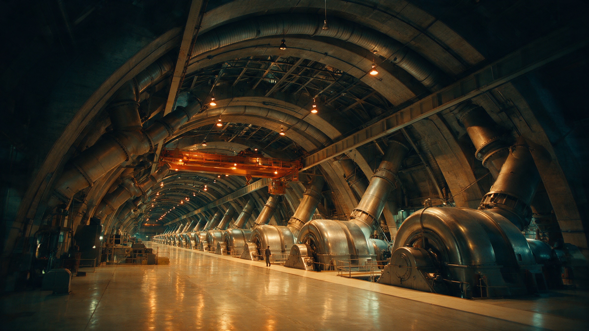 Interior de una casa de máquinas hidroeléctrica: turbinas, estructura y ductos, la clase de obra que Paladio modela elemento por elemento