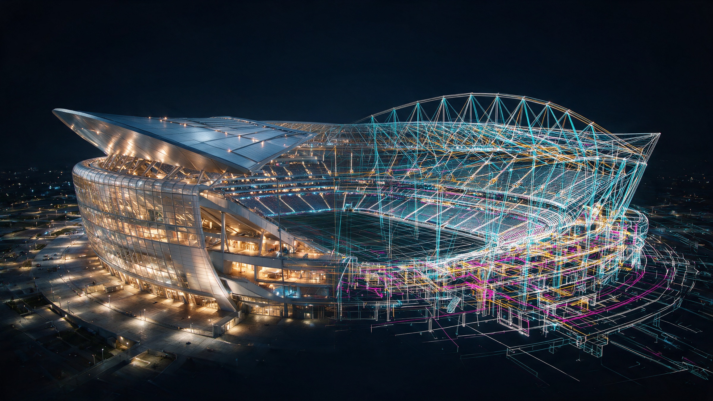 Estadio iluminado de noche junto a su modelo BIM en alambre