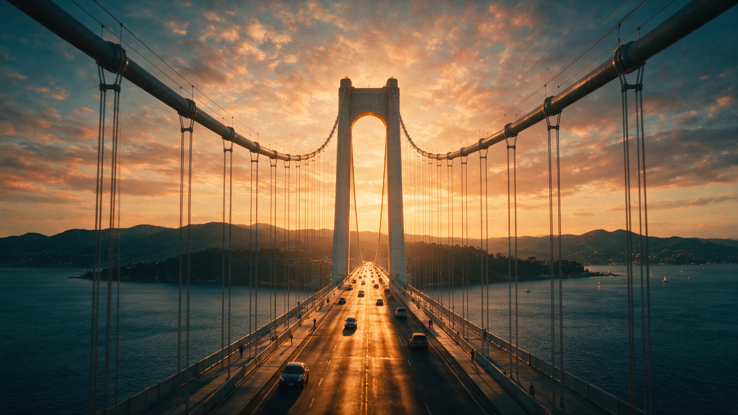 Puente colgante al atardecer visto desde el tablero