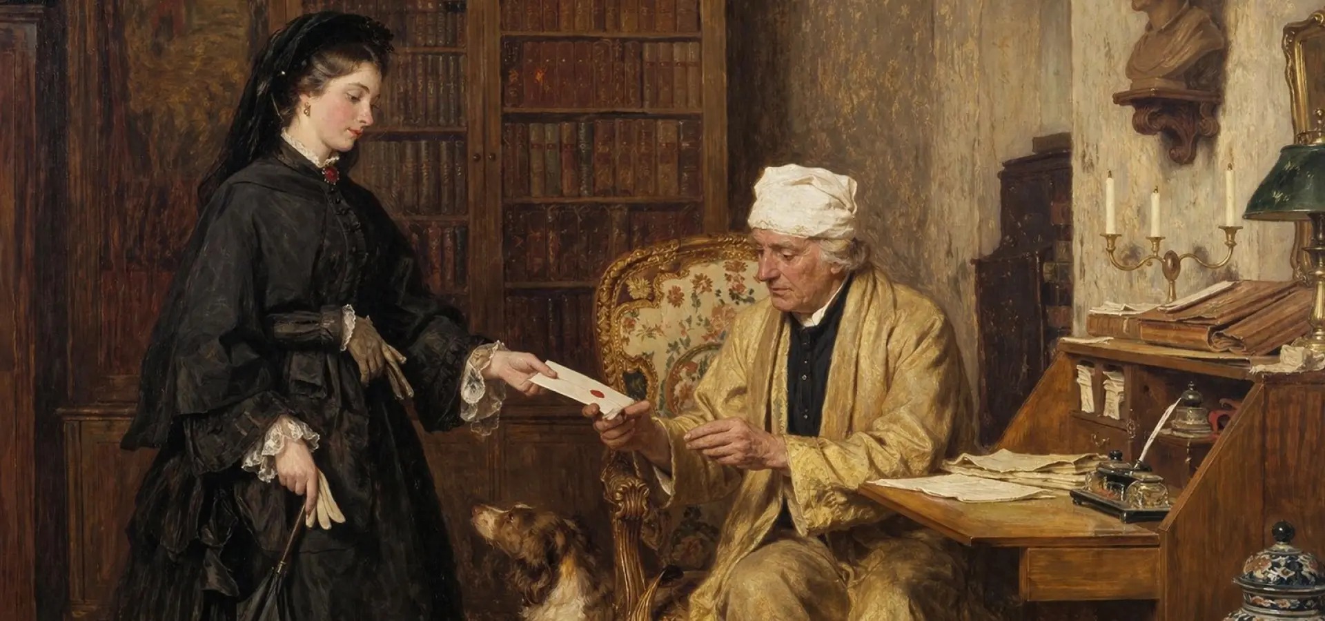 Óleo victoriano de una visita formal: una mujer de luto entrega una carta lacrada a un hombre mayor sentado ante su escritorio de correspondencia, con los papeles del día abiertos sobre la tapa