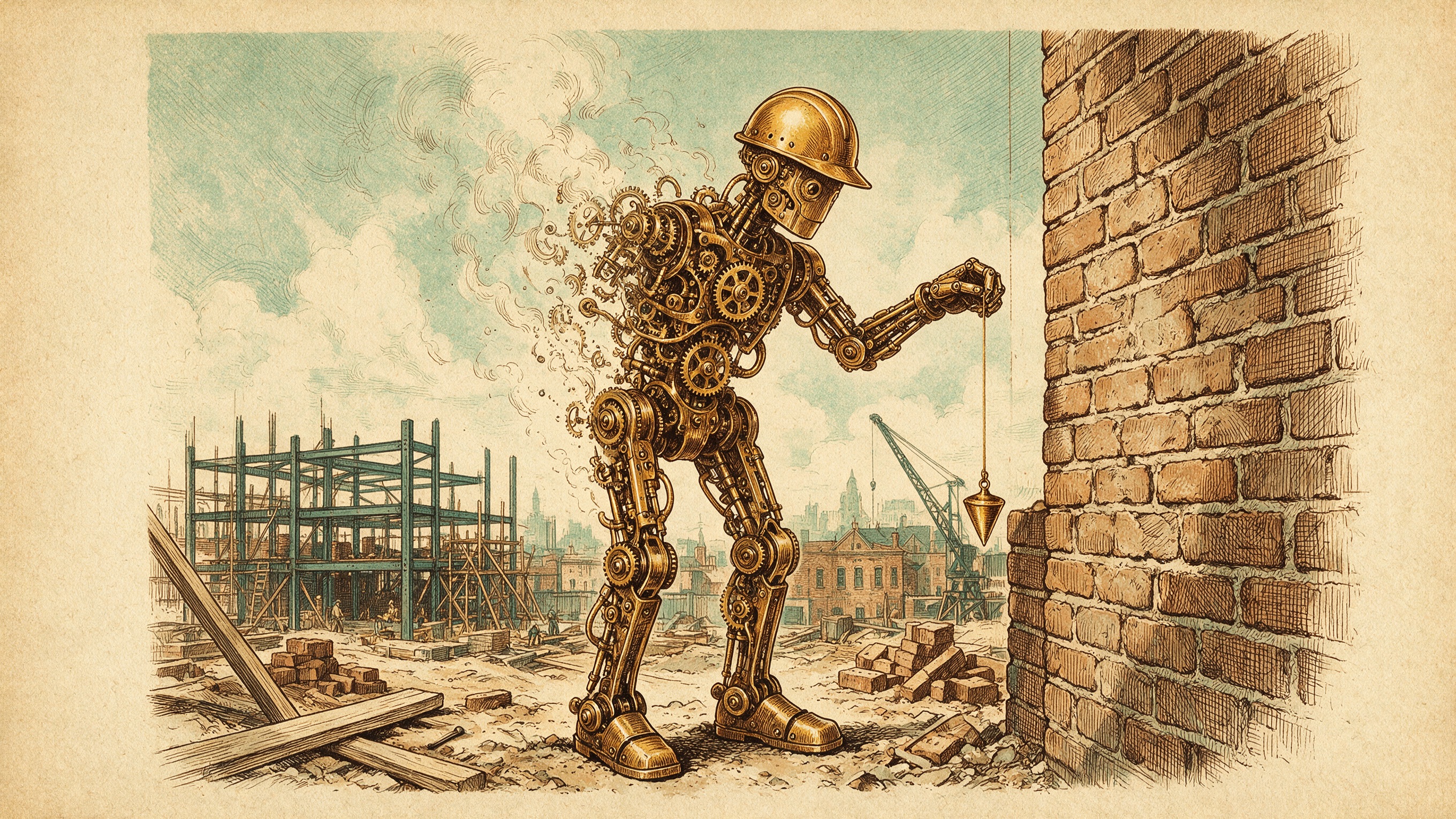 Ilustración a lápiz de color sobre papel tostado; un autómata de bronce con casco de obra sostiene una plomada contra un muro de ladrillo recién levantado, y al fondo se ven una estructura metálica en montaje, una grúa y los tejados de la ciudad