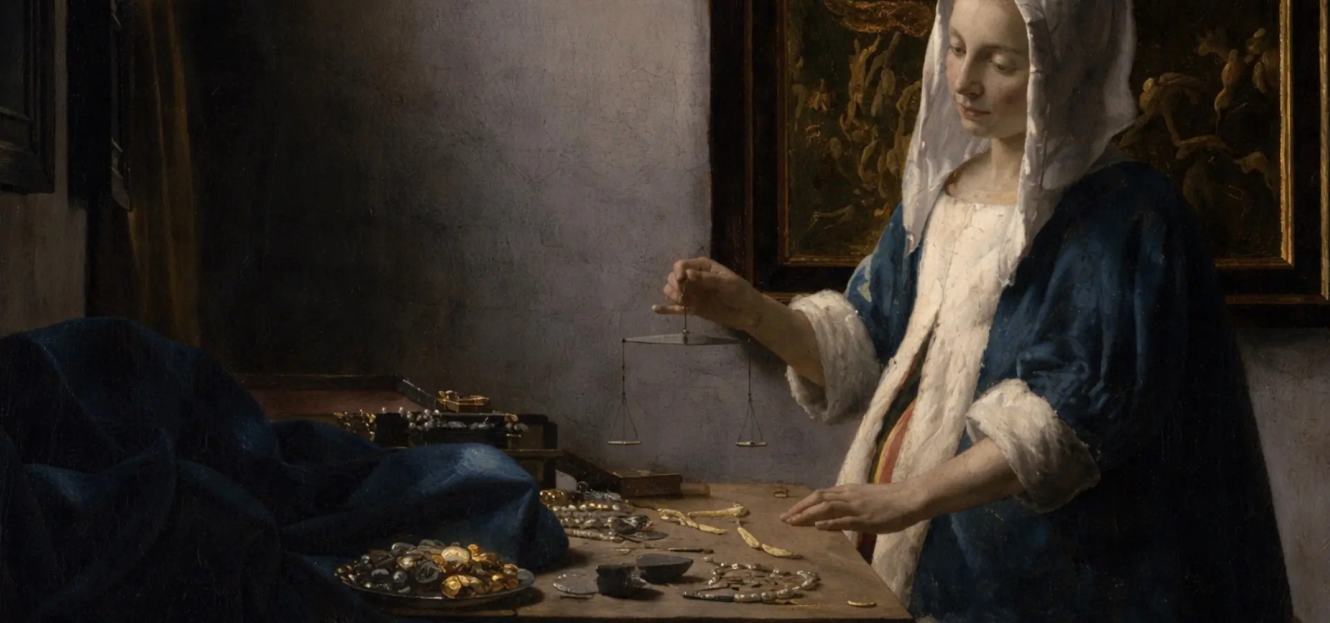 Pintura holandesa del siglo XVII de una mujer con toca blanca y chaqueta azul ribeteada de armiño, de pie ante una mesa y sosteniendo en alto una balanza de platillos todavía vacíos, con perlas, monedas y cadenas de oro extendidas sobre el paño azul y un cuadro de marco dorado colgado a su espalda