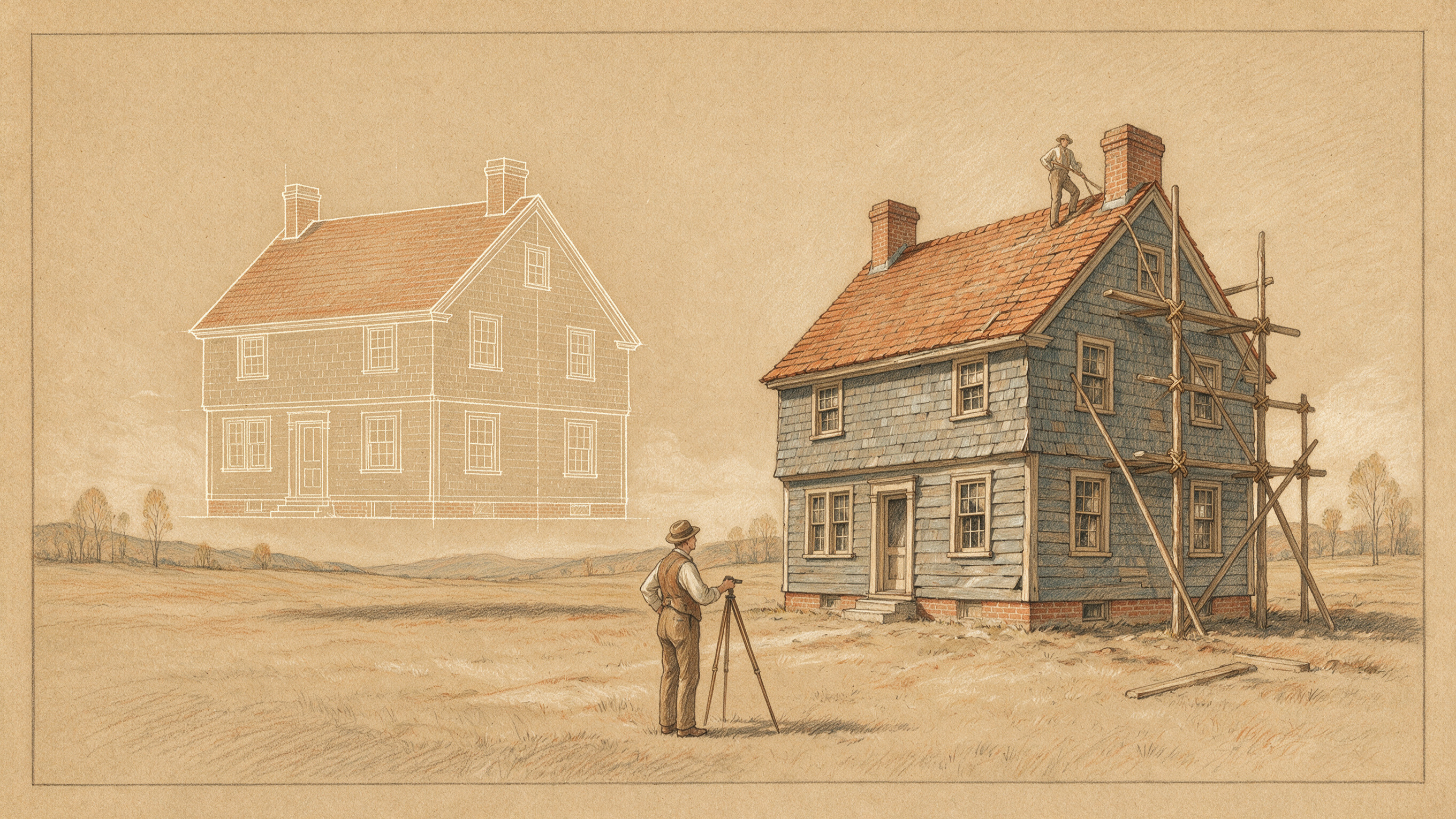 Ilustración a lápiz de color de dos casas idénticas en un campo: la de la izquierda dibujada como un plano perfecto, la de la derecha construida y aún con andamios, y un topógrafo mirando entre las dos