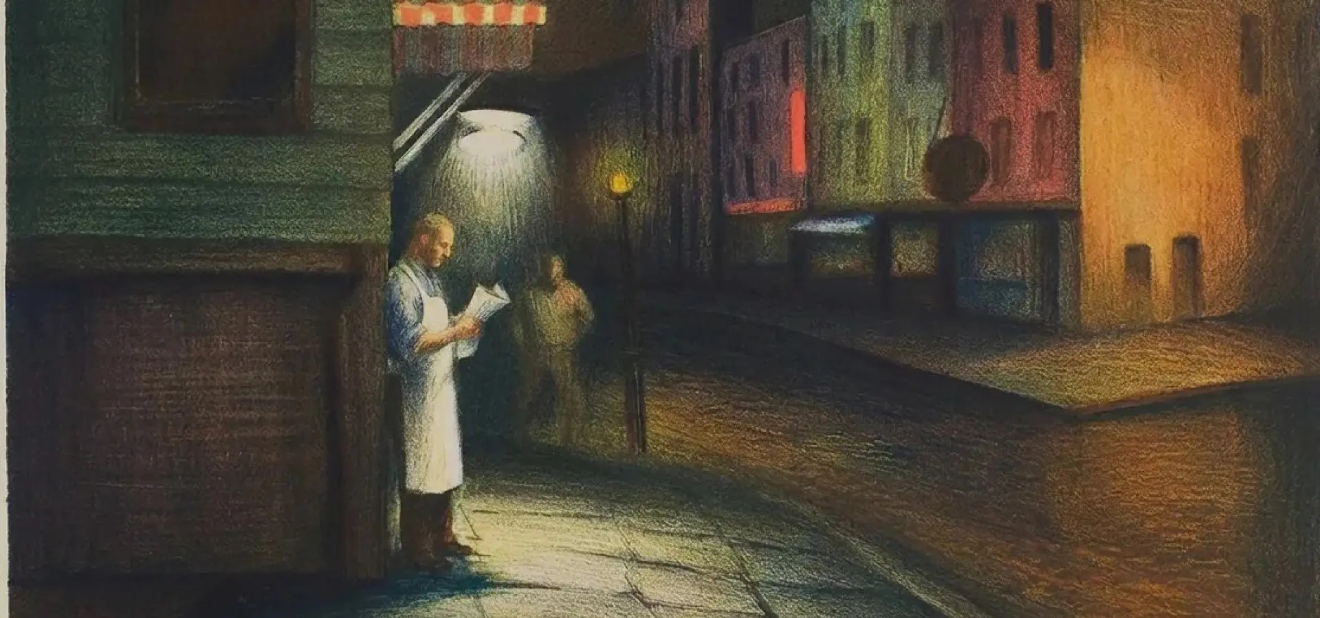 Ilustración nocturna a lápiz de color de una calle empedrada en penumbra, con un hombre de delantal blanco de pie bajo el toldo de un local, leyendo con atención una hoja de papel a la luz del farol, mientras a su espalda una figura desdibujada aguarda en la sombra y las fachadas del fondo encienden sus ventanas