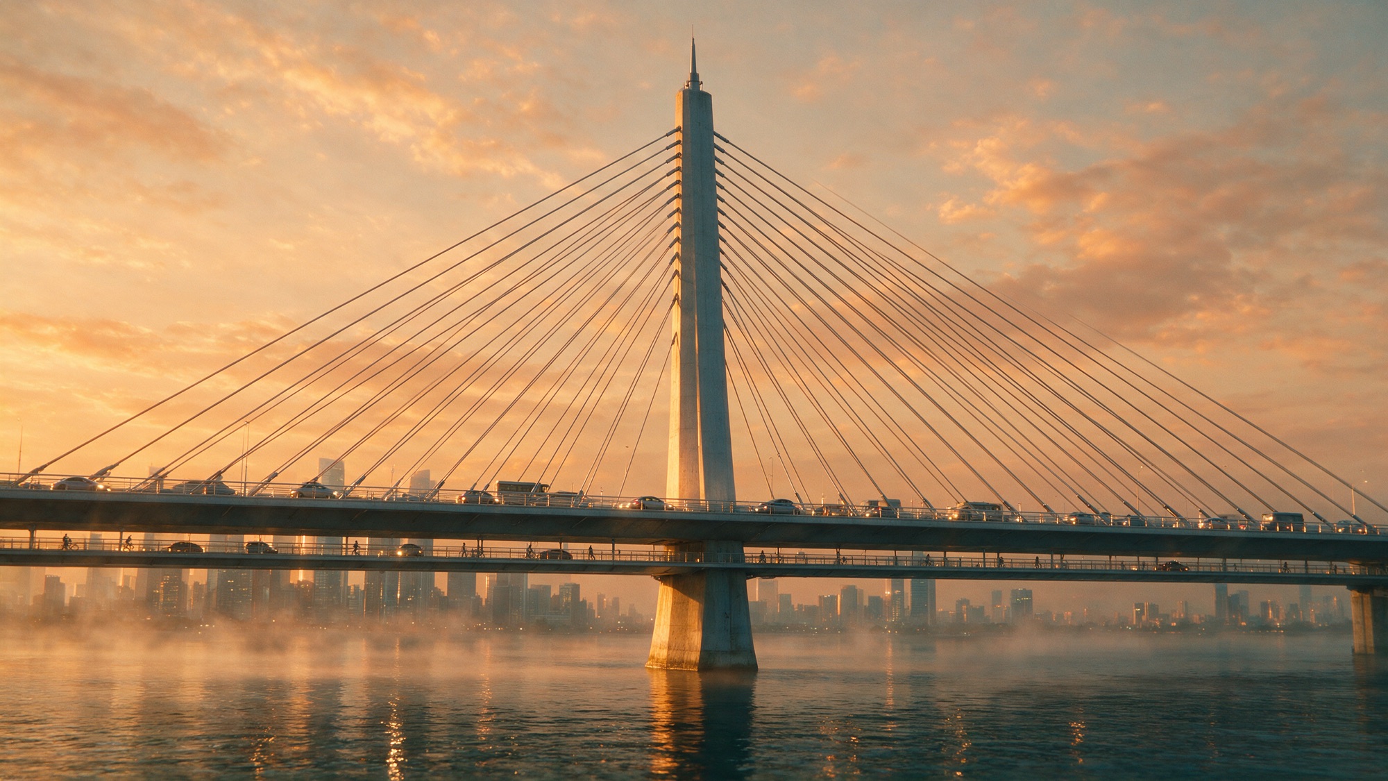 Puente atirantado de un solo pilón sobre el río, al amanecer