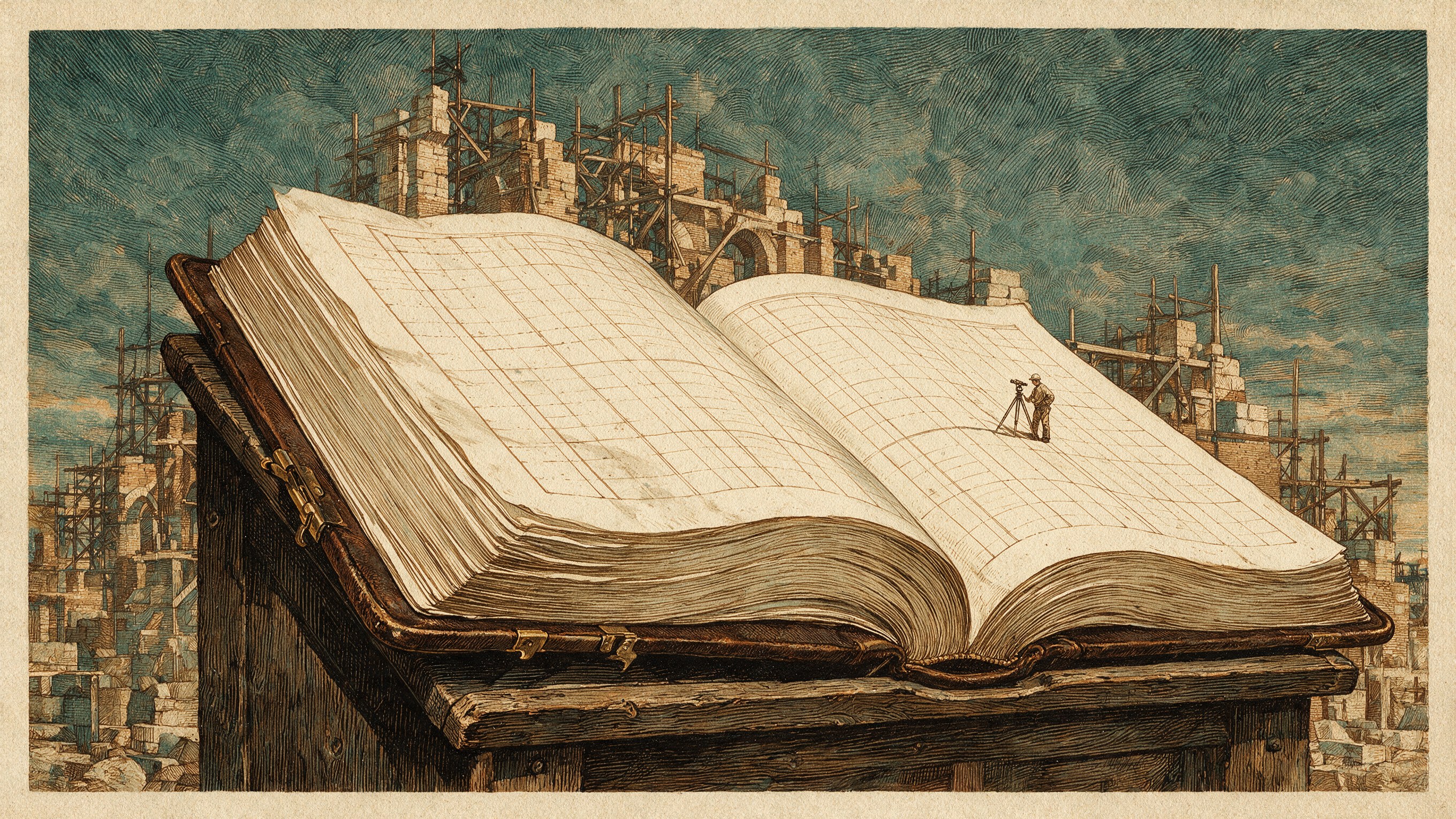 Grabado editorial antiguo a plumilla de un libro de obra colosal abierto sobre un atril de madera, con las páginas del tamaño de un terreno; sobre la hoja derecha, un topógrafo diminuto con casco mide las líneas rayadas con un teodolito, y detrás se levanta una estructura a medio construir
