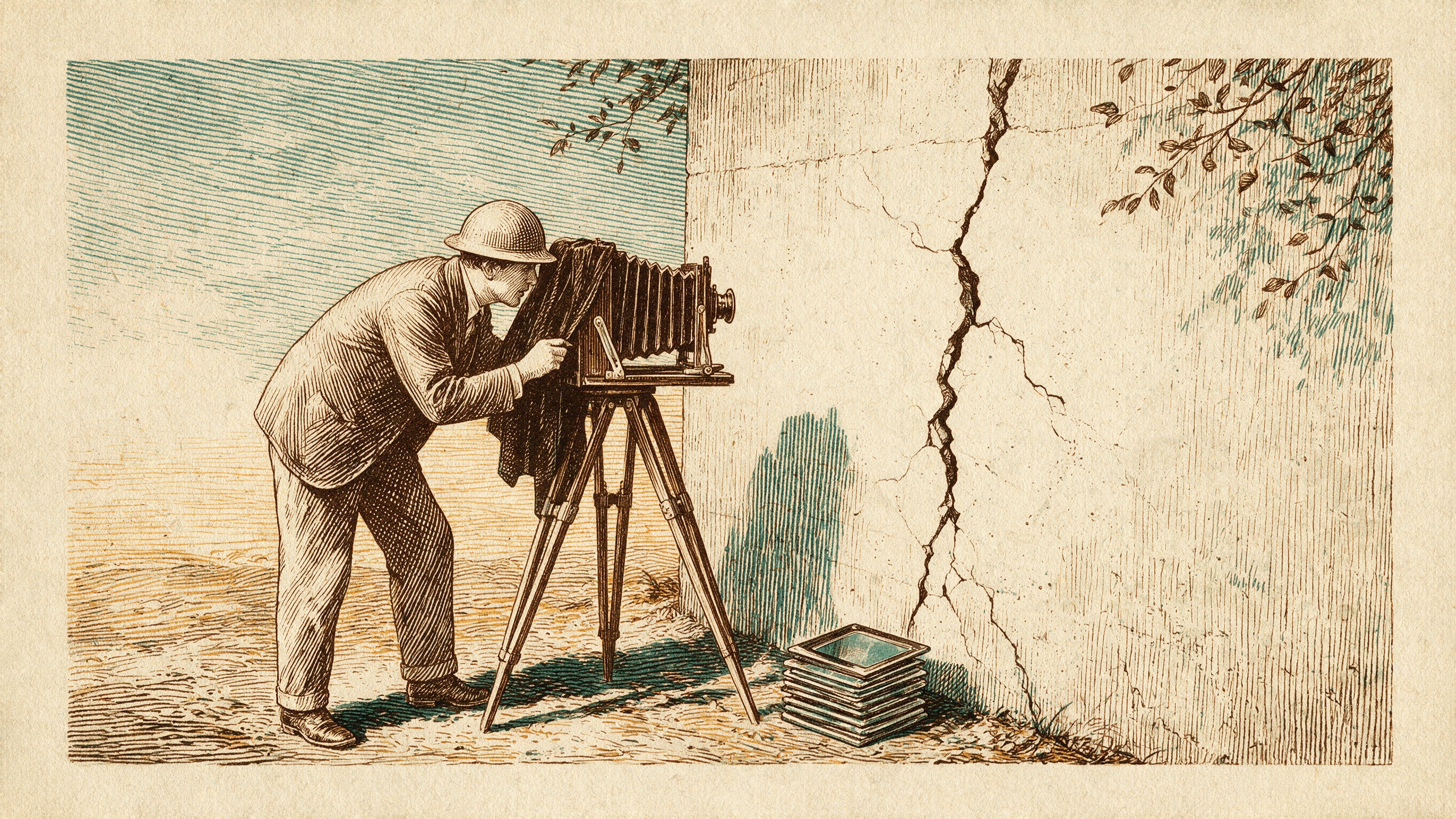 Grabado editorial antiguo en sepia, ocre y azul verdoso sobre papel envejecido; un fotógrafo con casco de obra se inclina bajo el paño de una cámara de fuelle montada en trípode para retratar la grieta que recorre un muro de hormigón, y a sus pies espera una pila de placas de vidrio ya expuestas