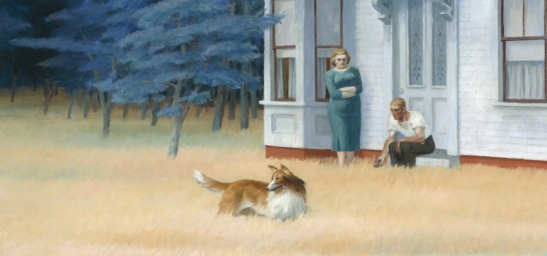 Óleo al estilo del realismo americano: una pareja espera inmóvil a la puerta de una casa blanca —ella de pie con los brazos cruzados, él sentado en el escalón—, mientras un collie se distrae en la hierba seca que ya invadió el jardín