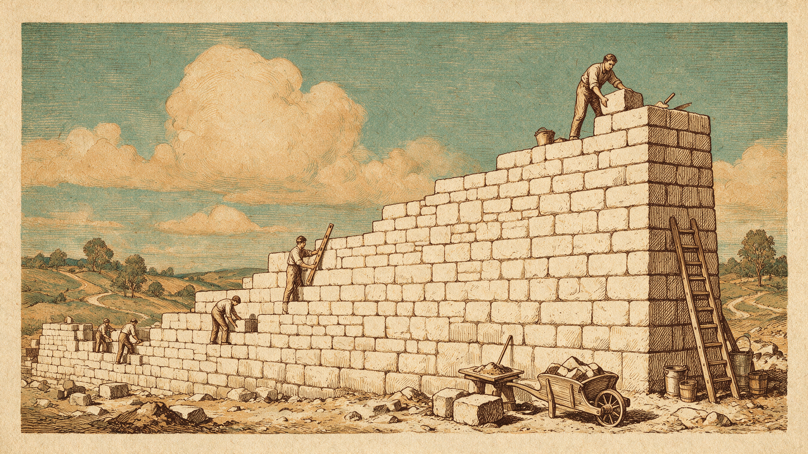 Grabado de una cuadrilla de albañiles levantando un muro cuyas hiladas suben en escalones, como las barras de un gráfico