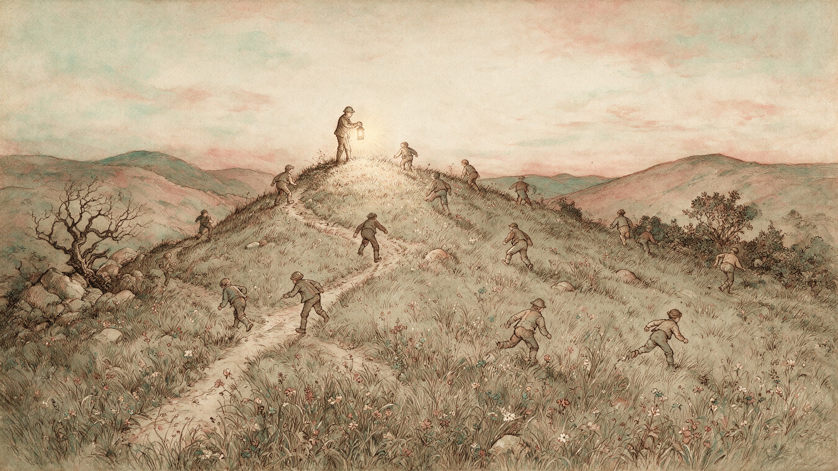Ilustración a plumilla con aguadas de acuarela en sepia, rosa apagado y verde azulado; sobre la cima de una loma un hombre con casco levanta un farol encendido al amanecer, y por las laderas suben hacia la luz una docena de obreros con casco entre la hierba alta y los matorrales