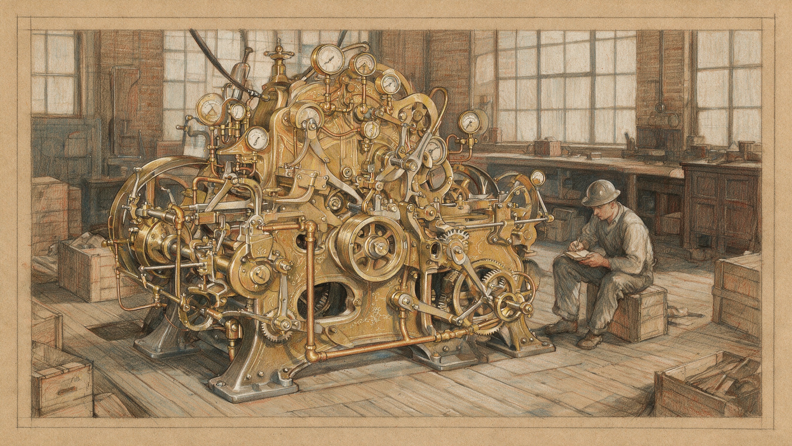 Ilustración vintage a lápiz de color de una enorme máquina de bronce llena de manómetros, palancas y engranajes, claramente elaborada y claramente ociosa; a su lado, un obrero con casco sentado en un cajón escribe en una libreta de bolsillo, ignorándola por completo
