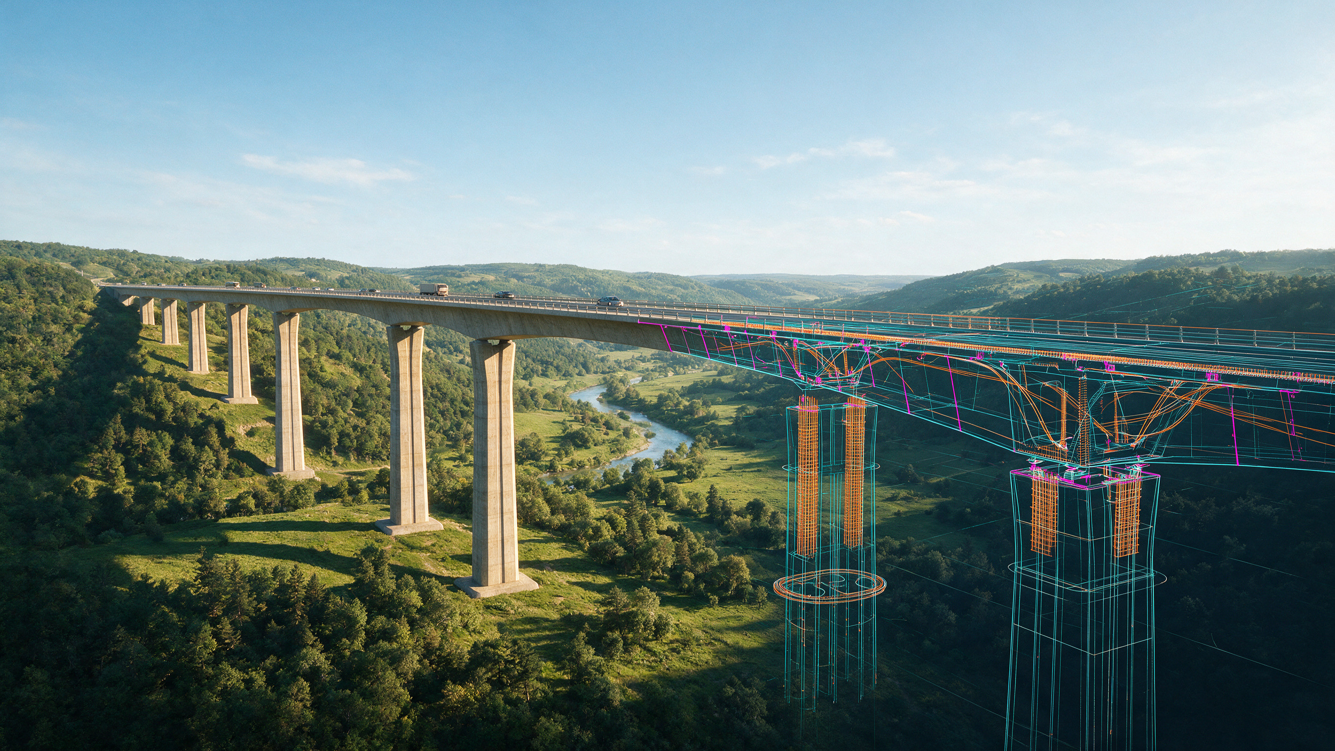Viaducto sobre un valle, con la mitad construida y la otra mitad resuelta en su modelo estructural