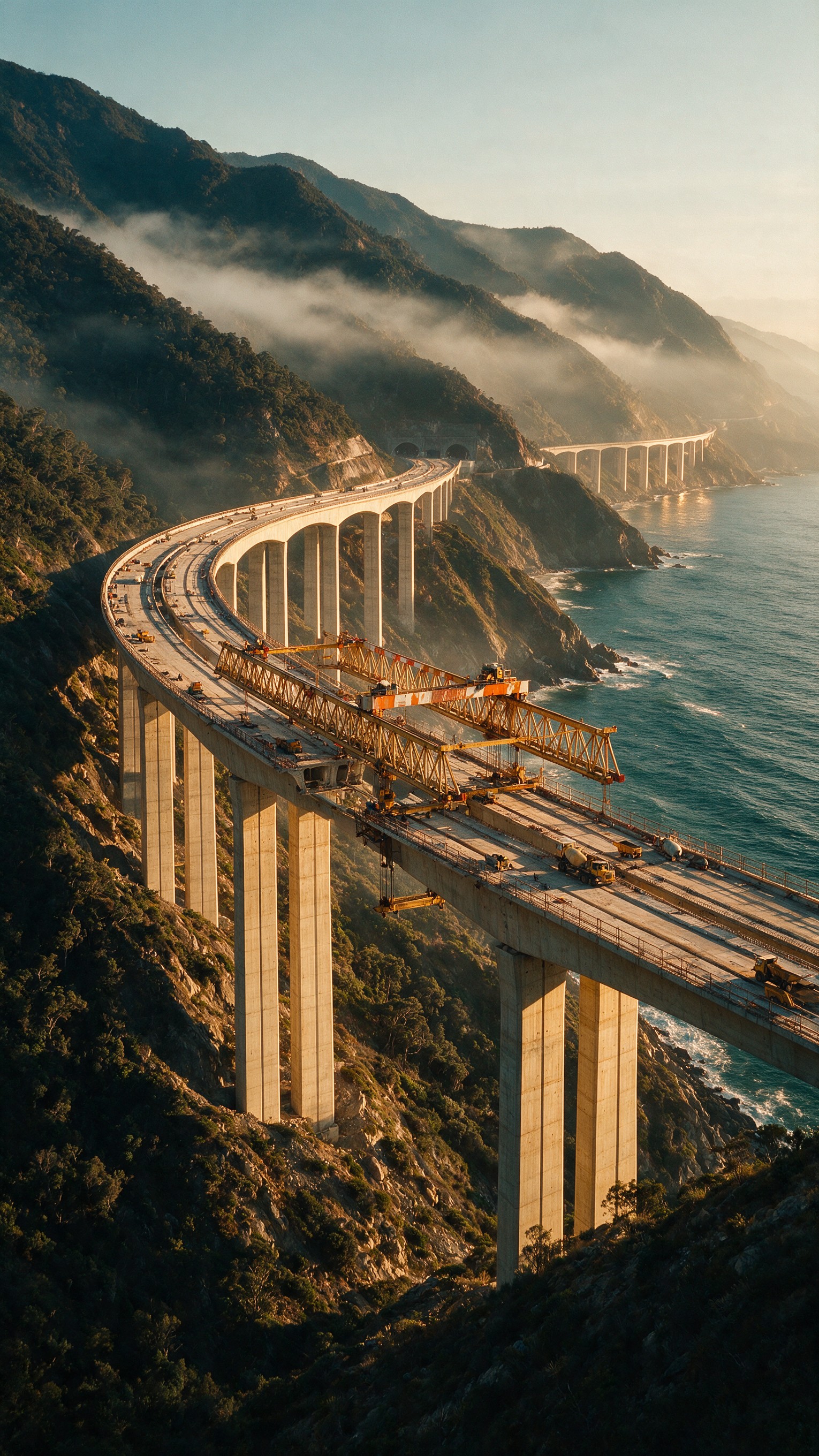 Viaducto costero en construcción al amanecer: lanzadora de vigas sobre las pilas y la costa al fondo.