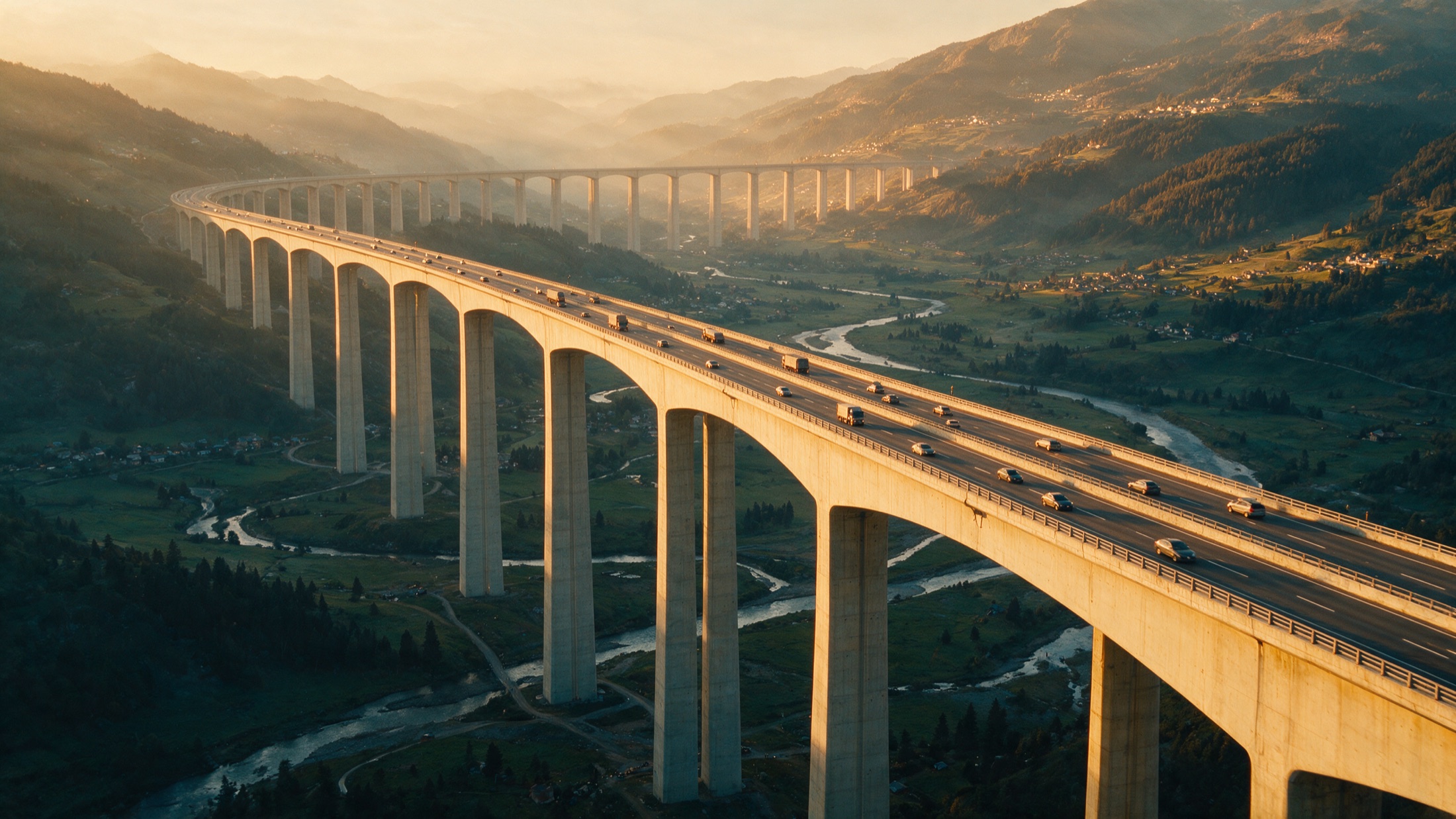 Viaducto de varios vanos sobre pilas de concreto cruzando un valle de montaña