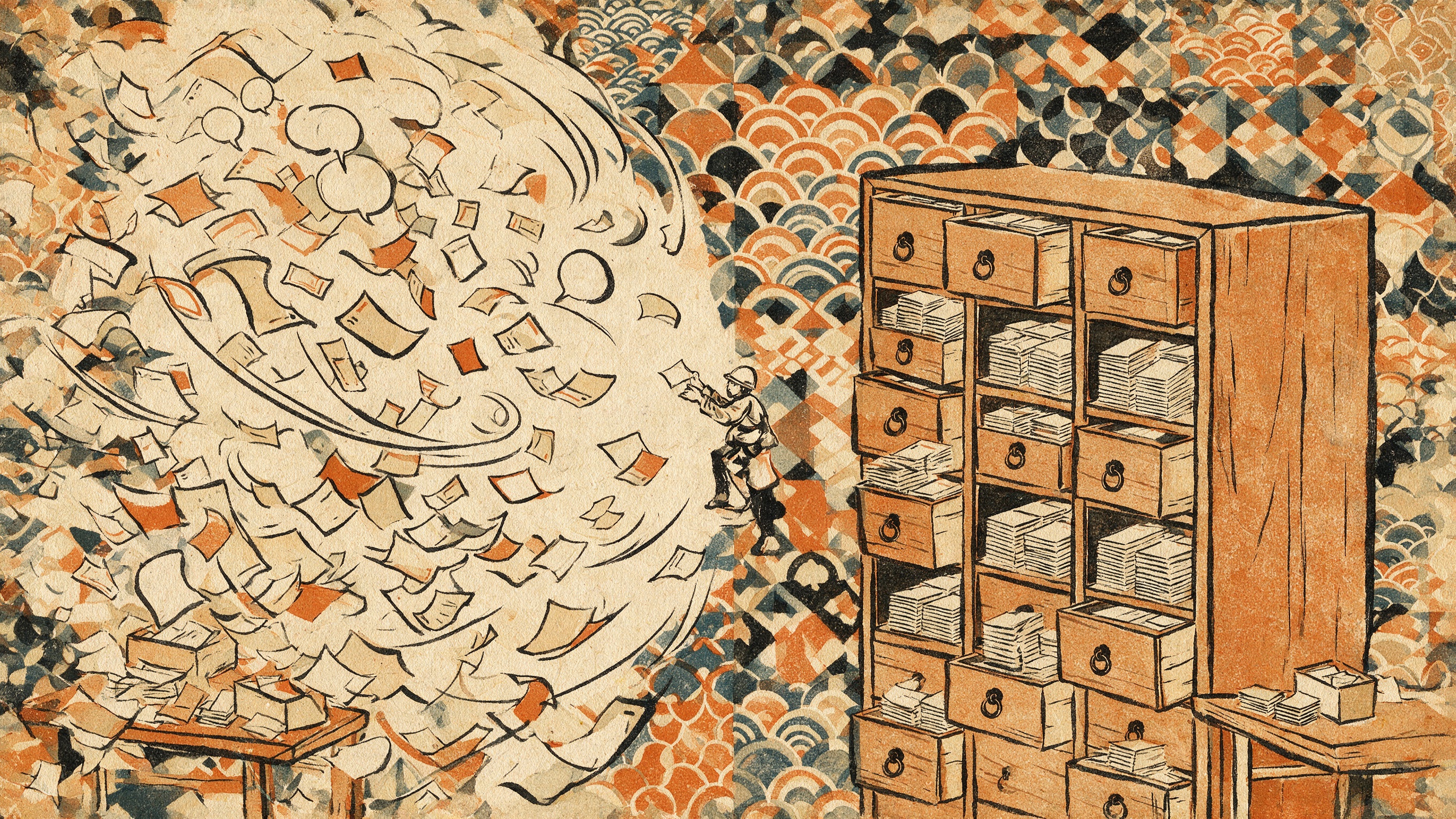 Estampa japonesa dividida en dos mitades; a la izquierda, un torbellino caótico de notas de papel y globos de conversación; a la derecha, las mismas notas archivadas en perfecto orden en los cajones de un archivero de madera; en la costura entre ambos mundos, una figura con casco atrapa una nota al vuelo